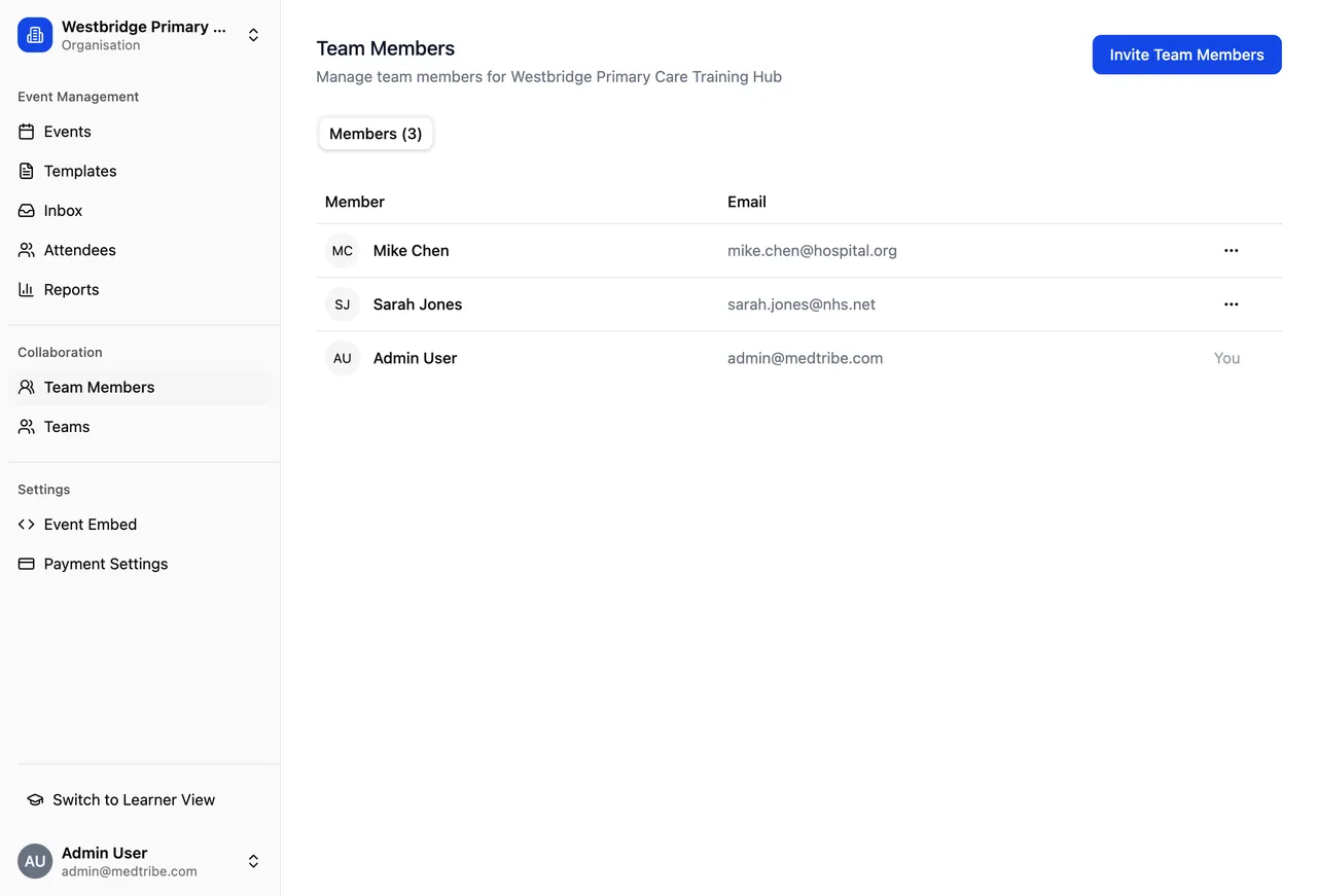 Team Members page showing all tabs